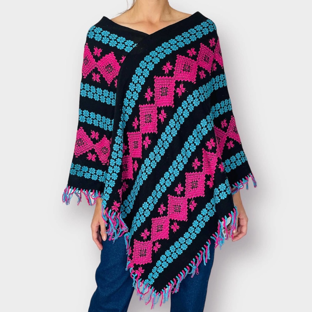 Vintage 70s Black Poncho with Teal and Pink Floral Pattern